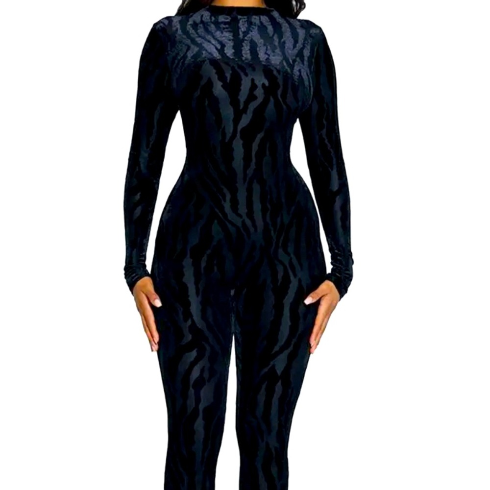 Naked Wardrobe Black Tiger Print Long Sleeve Velvet Catsuit BLACK, Size Large